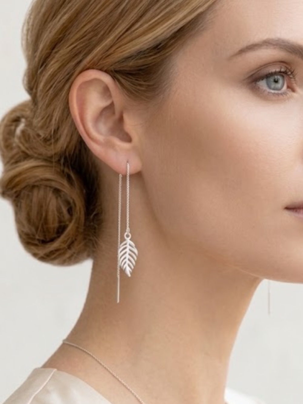 NWT Sterling Silver Leaf Threader Earrings Dangle Drop Minimalist